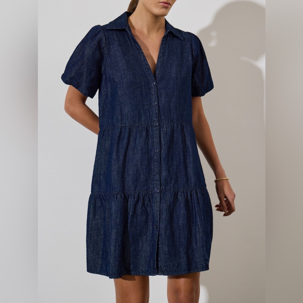 Brochu Walker Havana Mini Indigo Dress Mini Tiered Puff Sleeve Dark Blue Size XS